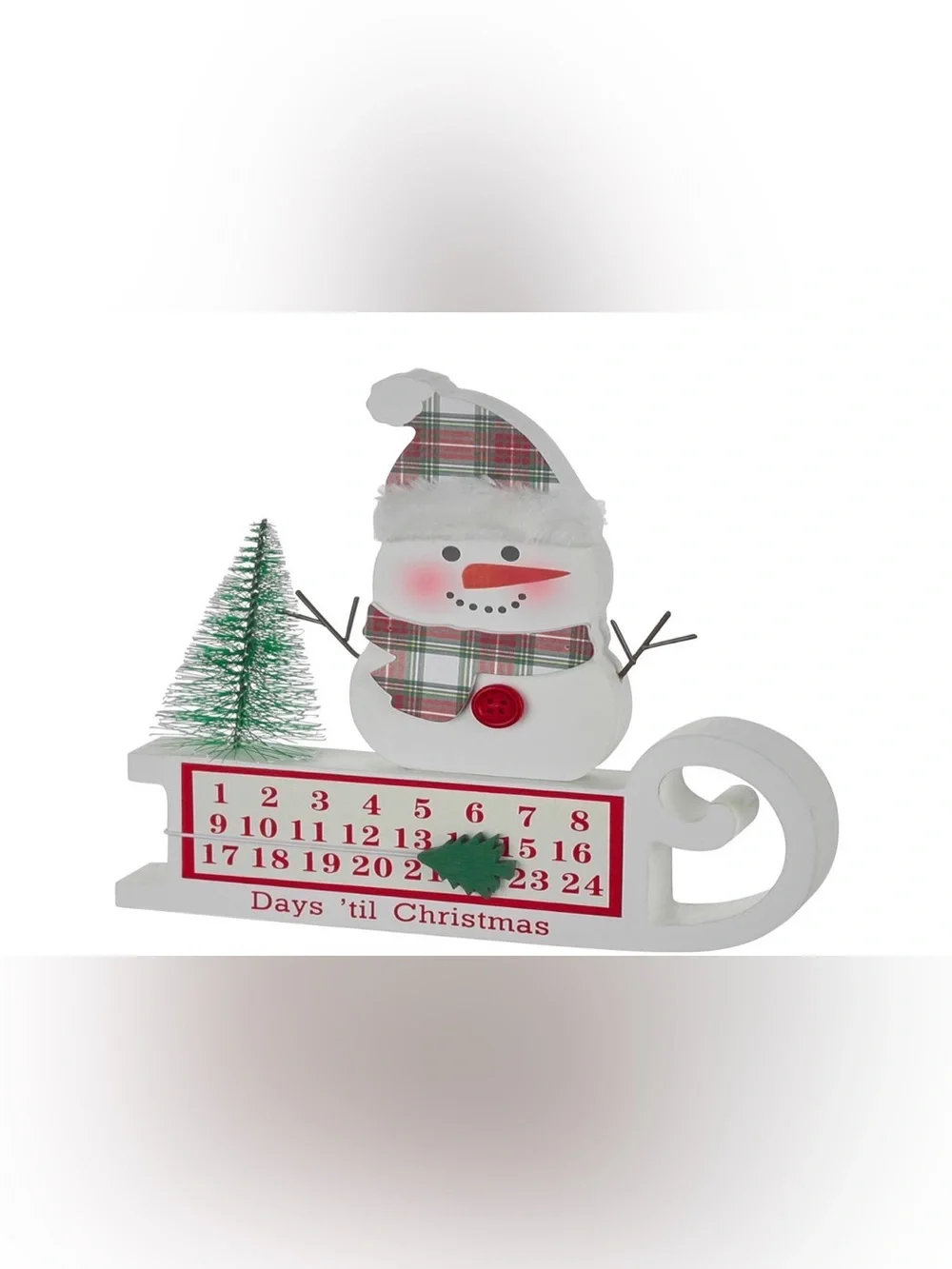 White Snowman Countdown Sled with Red Plaid Accents Newl